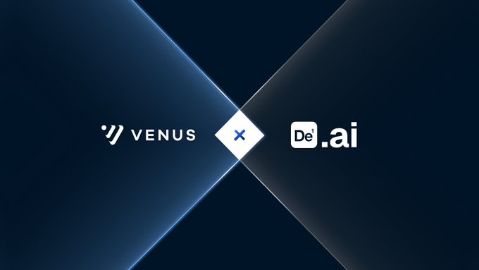 A dark blue promotional graphic shows the logos “VENUS” and “De.ai” separated by glowing diagonal lines and a central white diamond with a blue X.