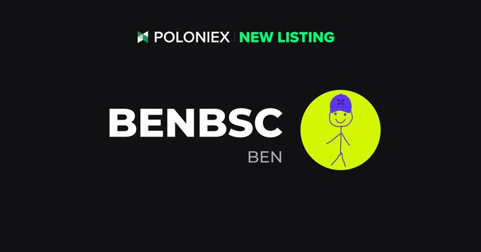 A Poloniex exchange announcement graphic for a new listing of the cryptocurrency "BENBSC" (BEN), featuring a stick figure character with a purple cap on a lime green circular logo.