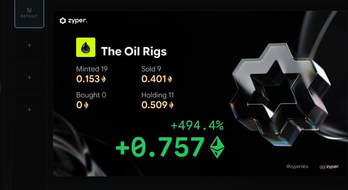 A Zyper dashboard for "The Oil Rigs" NFT collection displays 19 minted, 9 sold, 0 bought, and 11 holding, showing a gain of +0.757 ETH (+494.4%).