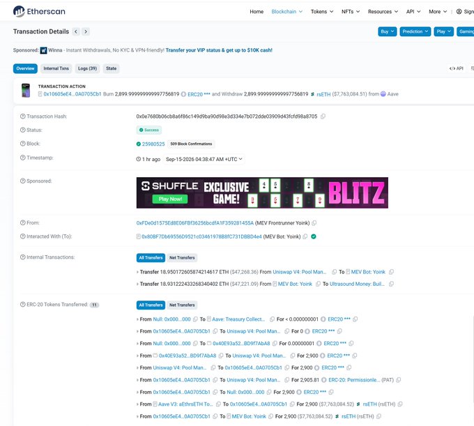 A screenshot of an Etherscan transaction details page showing a successful transaction (0x10605e4...0a0705cb1) involving ERC-20 transfers and ~2,899.999999999997756819 ETH, including a sponsored 'SHUFFLE BLITZ' advertisement banner.