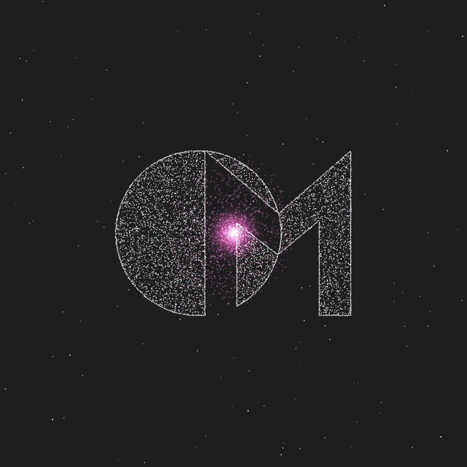 Stylized 'OM' logo made of white dots on a black starry background, with a glowing purple starburst at the center.