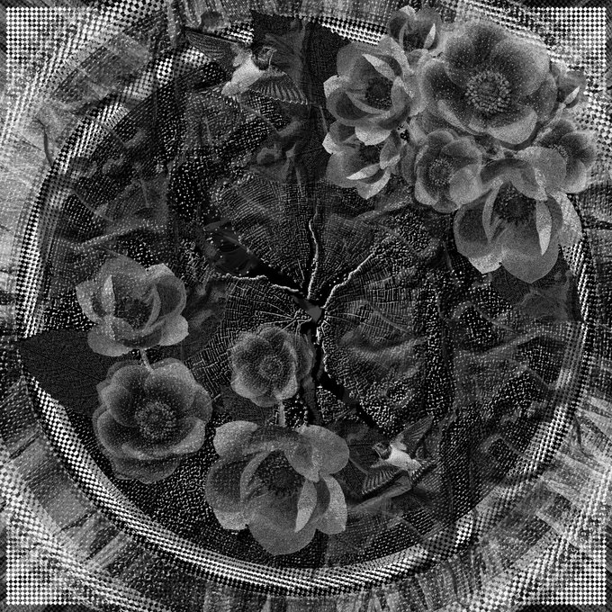 A textured, monochromatic collage or digital artwork featuring roses, leaves, birds, and lace-like patterns arranged in a circular composition.