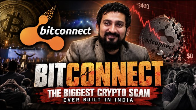 YouTube thumbnail for a documentary titled 'BITCONNECT - THE BIGGEST CRYPTO SCAM EVER BUILT IN INDIA' featuring a bearded man in a suit, Bitconnect logo, Bitcoin imagery, and a $400 to $0 crash chart.