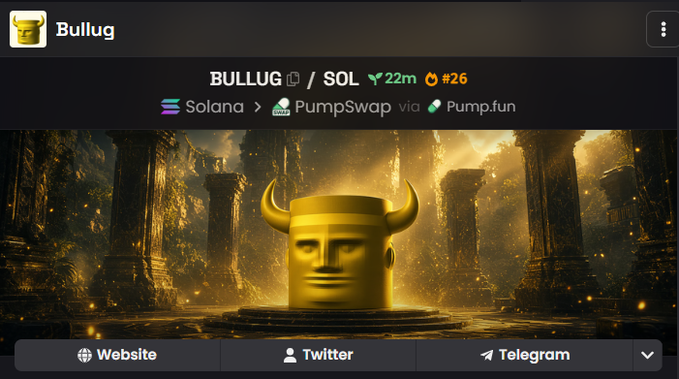A digital token page for 'BULLUG' (ticker SOL) on the Solana network via PumpSwap/Pump.fun, featuring a golden, horned head statue in a temple setting with website and social media links.