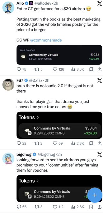 Twitter/X thread with users criticizing Crypto Twitter for farming airdrops, showing screenshots of 'Commons by Virtuals' token balances around $30-38.