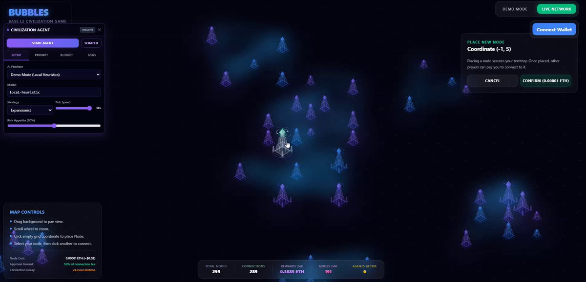 The image features a screenshot of a game called BubbleBase. It appears to be a roleplaying game (R&D) set within a futuristic, dark environment with blue neon lights. Players navigate through this virtual world using bubbles as their guide. The game has an impressive user interface and offers a variety of in-game items for players to collect, such as a tank, shield, and bow. In the backdrop, there is text that reads "BubbleBase - BubbleBase something I've been thinking about and something i will be developing further: an isometric, decentralized civilization game built directly on the Base L2 Ethereum network". The main focus of this post appears to be discussing and analyzing the design elements of the BubbleBase game.