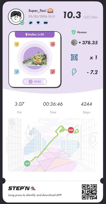 The image shows a phone screen displaying a map of a city with a cartoon character walking down the street, accompanied by text that reads "Today's #proofofwalk #stepn code #stepngo #MB8". The screen also has a list of steps and distances for a walk, along with a timer.
