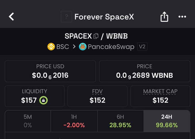 A mobile app screen showing the Forever SpaceX token on PancakeSwap V2 (BSC), priced at $0.0000000000006 with a 99.66% increase in 24H.