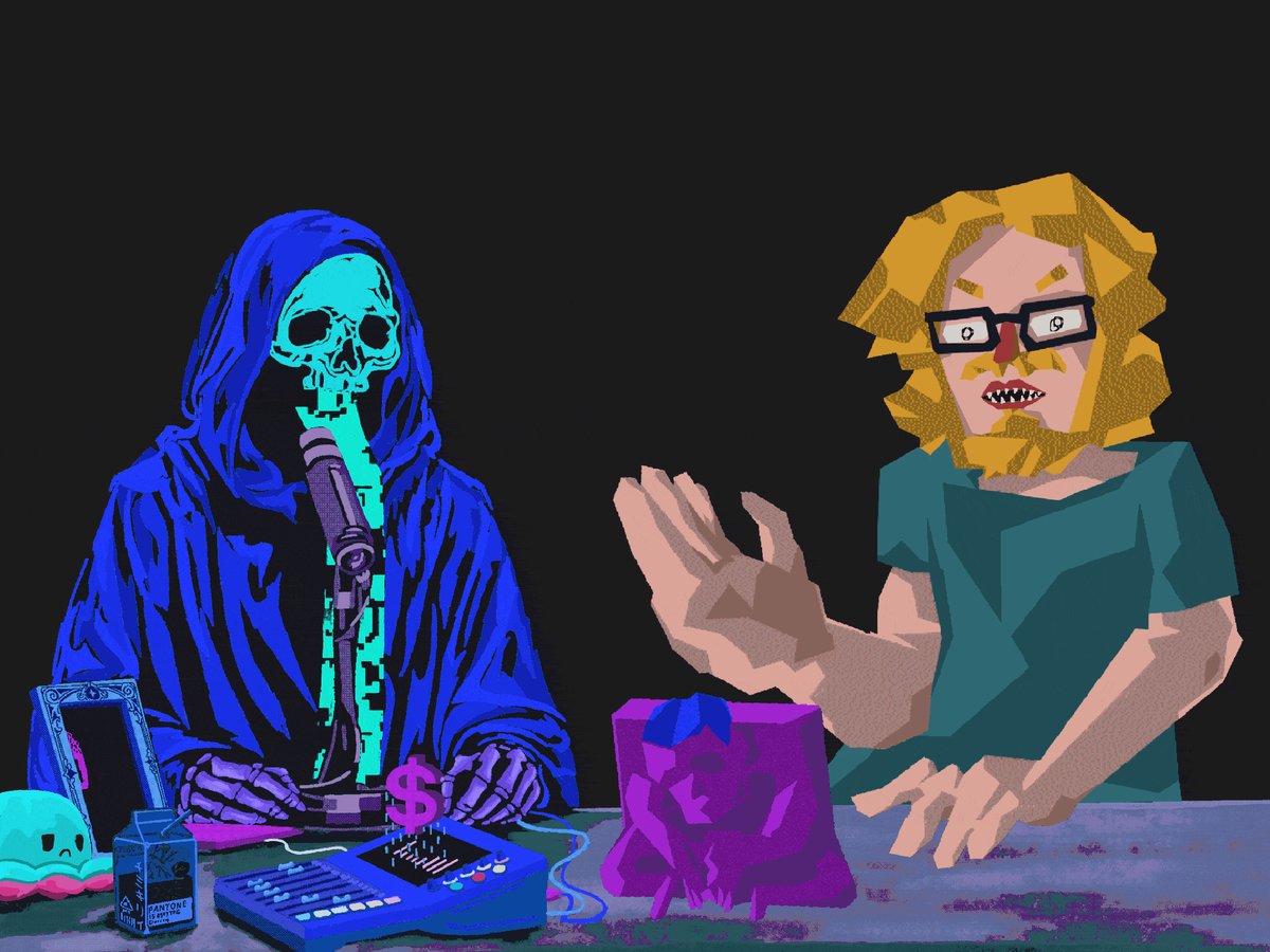 The image features a cartoon illustration of two people, one wearing glasses and holding a microphone while the other has a skeleton mask on with their hands up. The scene takes place around a table where there are various objects such as a cell phone, a computer mouse, and a keyboard. The background is black, which contrasts with the colorful characters in the foreground. The image also contains text that reads "edition drop on transientlabs !!!SIGNAL LOST: Talks in Glitch Economy" by @Leviathxx 15/15 edition 0.015 eth / each collect here! transient.xyz/mint/signal-lo ...". This suggests a connection between the illustration and a specific event or project related to the post, possibly involving technology or communication issues.