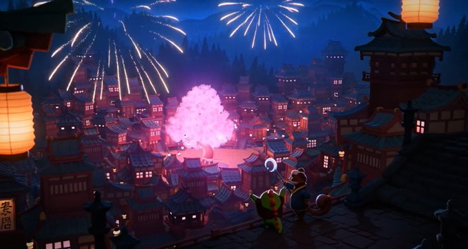 An animated fantasy scene depicting a traditional East Asian town at night with fireworks in the sky, glowing pink cherry blossom tree, and characters on a rooftop in the foreground.
