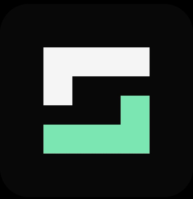 An app icon featuring a black background with a stylized white and green 'S' shaped logo.