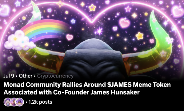 A whimsical illustration shows a black bull with glowing rainbow horns surrounded by sparkles, hearts, and stars, referencing the $JAMES meme token. The caption reads "Monad Community Rallies Around $JAMES Meme Token Associated with Co-Founder James Hunsaker," with 1.2k posts and posted July 9 in the Cryptocurrency category, reflecting the post's description of a meme-inspired token gaining rapid traction within the Monad community.