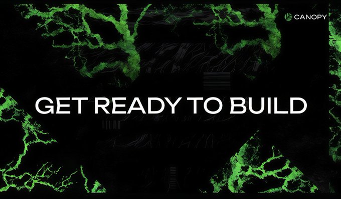 A black graphic with green textured borders displays 'GET READY TO BUILD' in white text, with a 'CANOPY' logo in the top right corner.