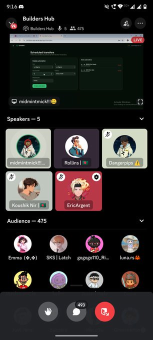 A mobile app screenshot of 'Builders Hub' Discord-style interface showing a LIVE scheduled transfers screen with speakers and audience members.