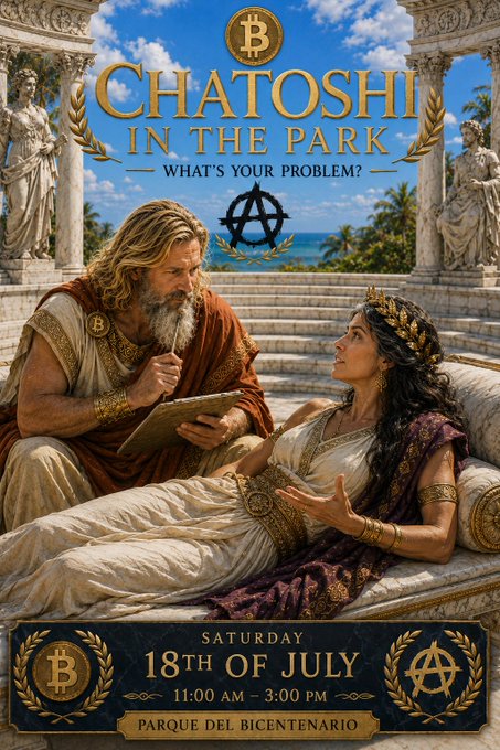 A promotional poster titled 'CHATOSHI IN THE PARK - WHAT'S YOUR PROBLEM?' featuring Bitcoin and anarchist symbols, depicting a bearded philosopher and a woman in ancient Greek attire, advertising an event on Saturday 18th of July, 11:00 AM – 3:00 PM at Parque del Bicentenario.