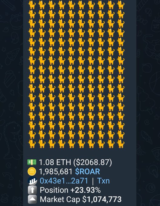 A smartphone screen displays a large grid of yellow Shiba Inu icons alongside trading information: '1.08 ETH ($2068.87)', '1,985,681 $ROAR', '0x43e1...2a71 | Txn', 'Position +23.93%', and 'Market Cap $1,074,773'.