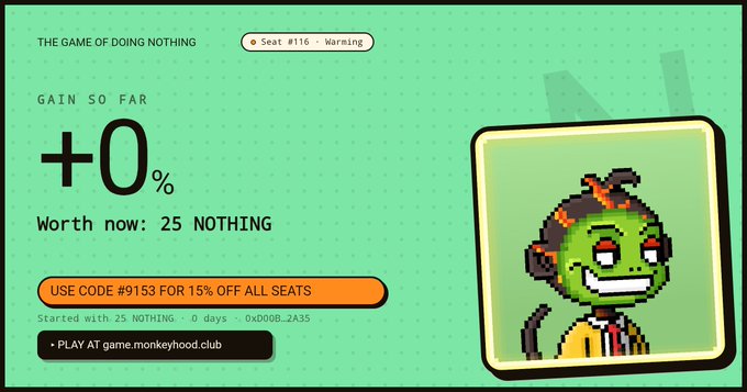 A screenshot of a game website showing 'THE GAME OF DOING NOTHING' with a '0%' gain and a pixel art character.