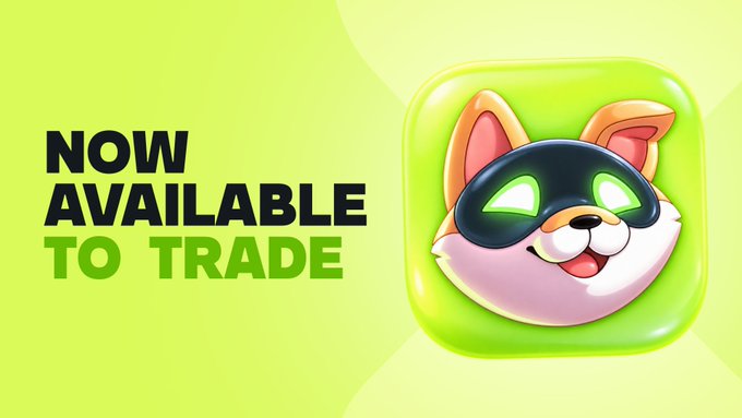 The image features a bright green background with the text "NOW AVAILABLE TO TRADE" on the left, alongside a 3D app icon of a smiling cartoon dog wearing a black mask with glowing green eyes—visually announcing the newly tradable status of the $AI token on press.fun.