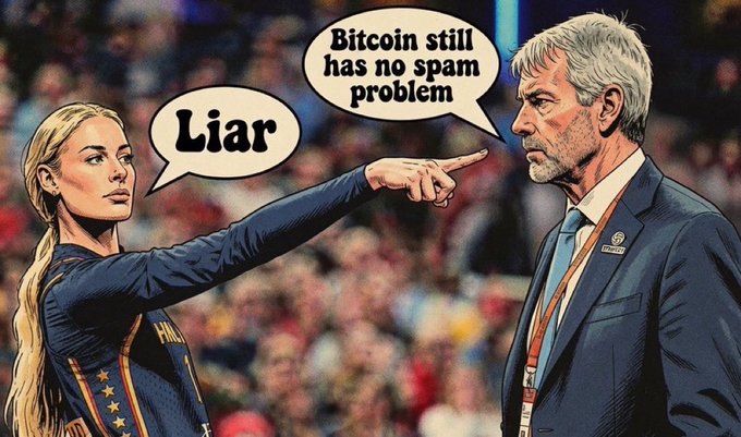 A comic-style image showing a blonde woman in a jersey pointing at a man in a suit with speech bubbles reading 'Liar' and 'Bitcoin still has no spam problem'.