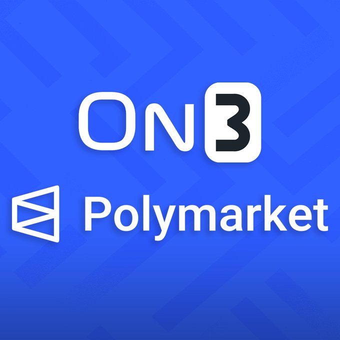 The image shows the logos of On3 and Polymarket on a blue background, suggesting a connection or partnership between the sports media platform and the prediction market platform, which aligns with the post's mention of Polymarket involvement.