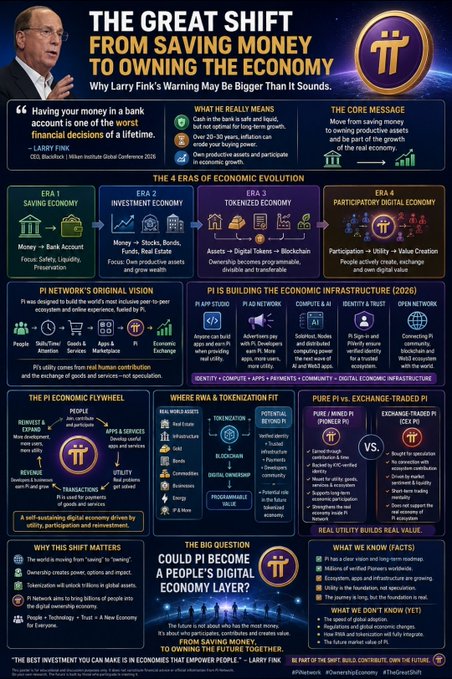 An infographic titled 'THE GREAT SHIFT: FROM SAVING MONEY TO OWNING THE ECONOMY' analyzing Larry Fink's warnings about Pi Network, covering four eras of economic evolution, Pi's economic flywheel, and the question of whether Pi could become a digital economic layer.