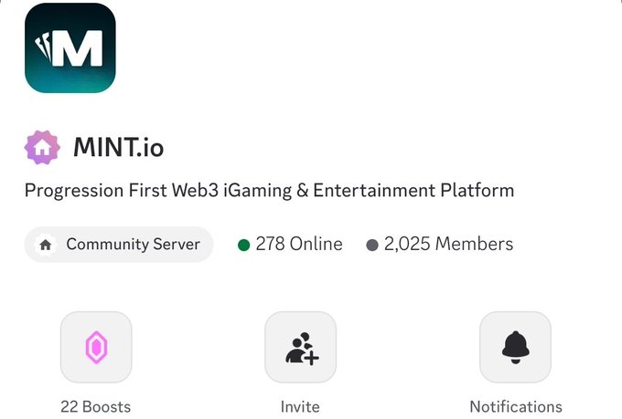 A Discord community server profile for MINT.io, described as a 'Progression First Web3 iGaming & Entertainment Platform' with 278 online members out of 2,025.