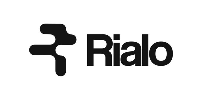 A simple black logo on a white background for 'Rialo,' featuring an abstract geometric icon composed of connected rounded shapes.
