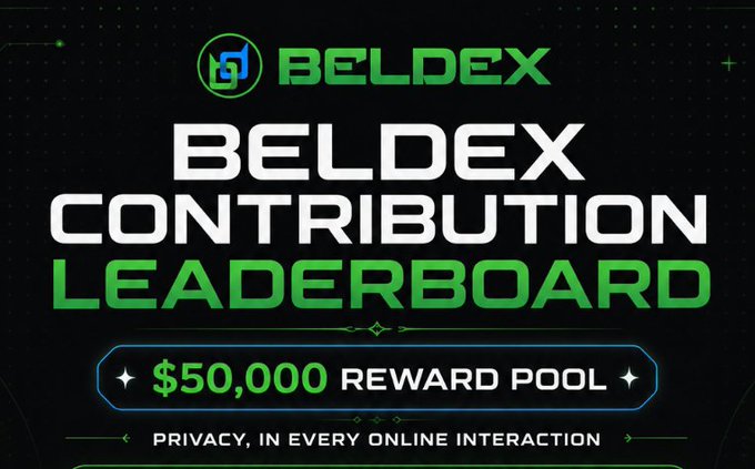 A promotional graphic with a black background featuring the BELDEX logo and text reading 'BELDEX CONTRIBUTION LEADERBOARD', '$50,000 REWARD POOL', and 'PRIVACY, IN EVERY ONLINE INTERACTION'.