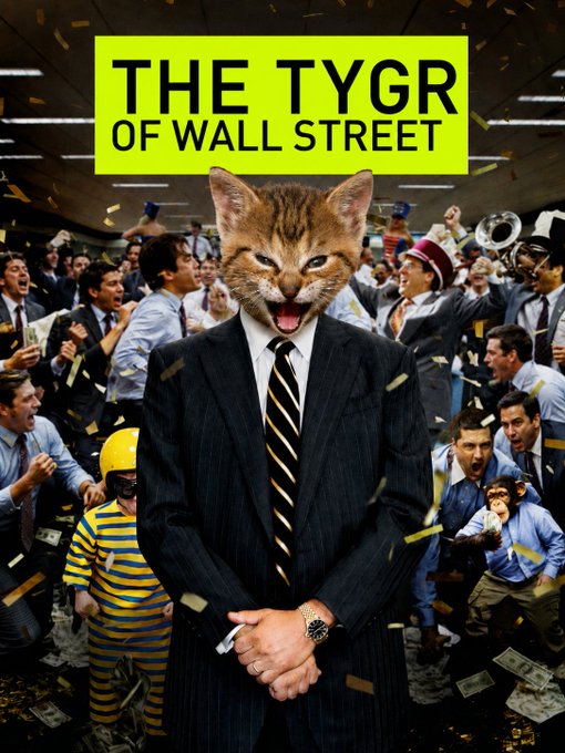 A meme poster styled as a parody movie cover with the text "THE TYGR OF WALL STREET" features an anthropomorphized cat in a pinstripe suit and tie standing center stage amid a chaotic trading floor crowd celebrating with flying cash and confetti. The image playfully ties into the post's hype around the $TYGR meme token by depicting its feline mascot as a triumphant Wall Street figure, mirroring the "Roaring Kitty" era of retail trading culture now reaching Robinhood users.