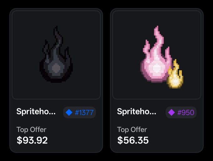 Two digital trading card-style listings for 'Spriteho...' items on a dark background: one dark gray sprite priced at $93.92 (#1377) and one pink flame sprite with a yellow fire accent priced at $56.35 (#950), both labeled 'Top Offer'.