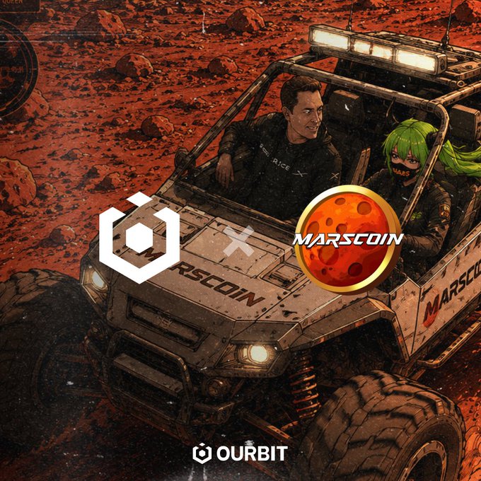 The image depicts a Marscoin promotional graphic showing two characters—one with short dark hair and another with green hair—riding a rugged off-road vehicle across a rocky, red Martian landscape. Overlaid on the scene are the Marscoin ($MARSCOIN) logo, the Ourbit exchange logo, and the Marscoin emblem, reinforcing the post's message about holding $MARSCOIN on Ourbit to earn doubled weekly rewards and matched $SPCXB payouts.