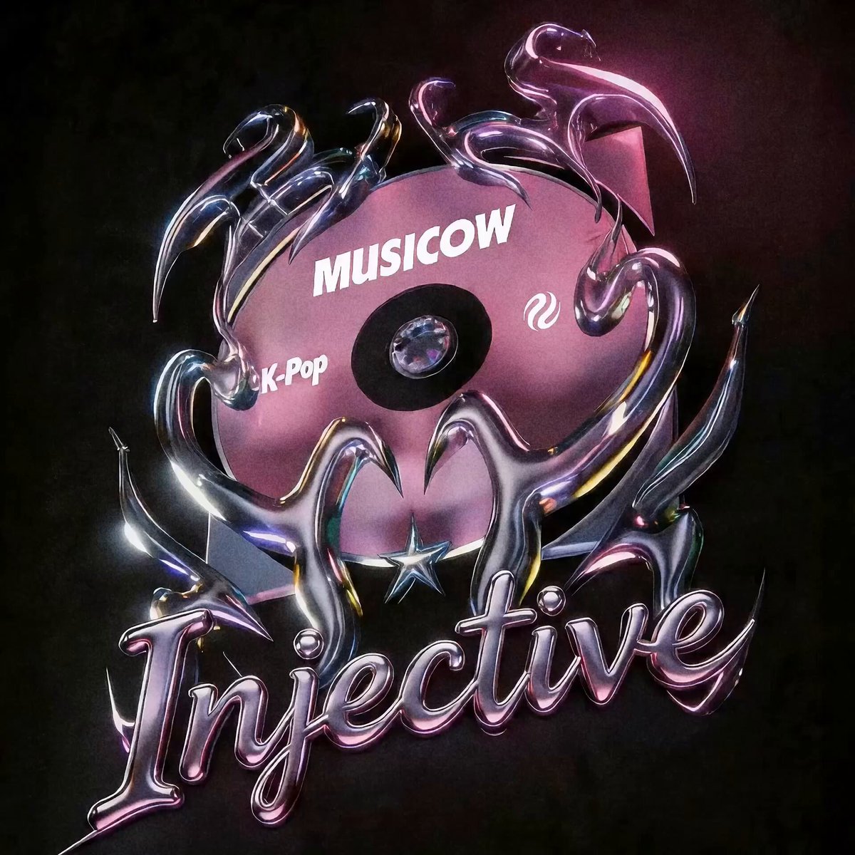 The image features a CD cover with a purple background, featuring an illustration of a CD case with a star design. The text "Injective" is written in white letters above the CD cover, and the words "Fandom" are also present on the cover. The phrase "由美国白金唱片歌手 Khalid 和《恶魔猎人》中 Jinu 的配音演员安孝燮合作的热门单曲" is written below the CD cover. This phrase suggests that the CD cover is related to a fan-fiction or fan-made content, possibly created by fans of the artist or band associated with the CD.