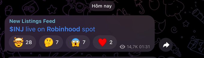 A Telegram-style notification announces '$INJ live on Robinhood spot' in a New Listings Feed with reaction emojis showing 28 🤯, 7 🤨, 7 😱, and 2 ❤️.