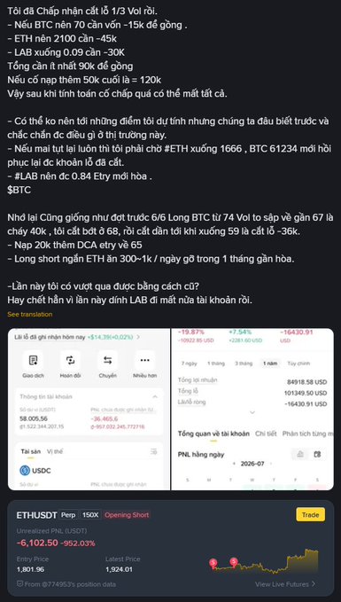A Vietnamese social media post discussing crypto market predictions for ETH, BTC, and LAB coins, alongside screenshots of trading interfaces showing ETH and BTC prices and a PnL report.