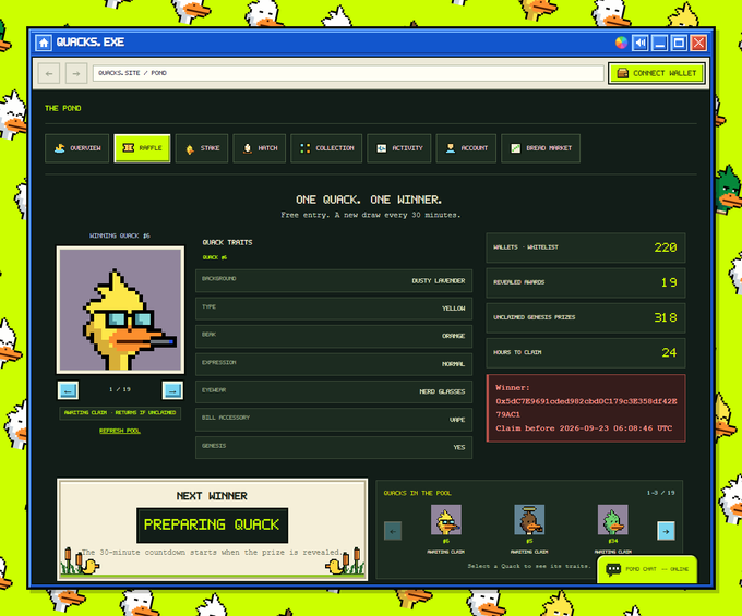 A retro Windows-style web interface titled 'QUACKS.EXE' displays a profile for 'MINDING QUACK #4,' a pixelated yellow duck character with sunglasses, listing traits like 'DUSTY LAVENDER' background and 'YELLOW' type, with a 'PREPARING QUACK' message for the next winner.