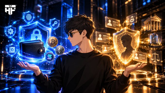 A digital illustration shows a young man with sunglasses holding a glowing blue security and cryptocurrency icon in one hand and a glowing orange identity and law icon in the other.