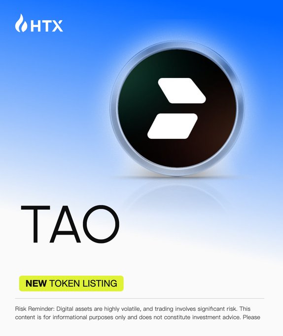 HTX announces a new token listing for $TAO (Bittensor), featuring the token's circular logo on a blue background. The promotional graphic confirms "NEW TOKEN LISTING" status, aligning with the post about $TAO deposits and trading now being live on the platform.