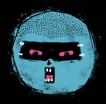 A gritty illustration of a blue, round cartoon face with pink eyes wearing dark glasses and an open mouth, possibly representing a monkey or similar creature.