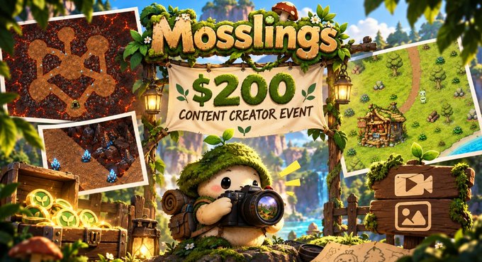 A promotional banner for the "Mosslings $200 Content Creator Event" features a cute moss-covered creature holding a camera, surrounded by in-game screenshots of combat and exploration, directly illustrating the contest's call for players to share their creative gameplay moments from the Mosslings world.