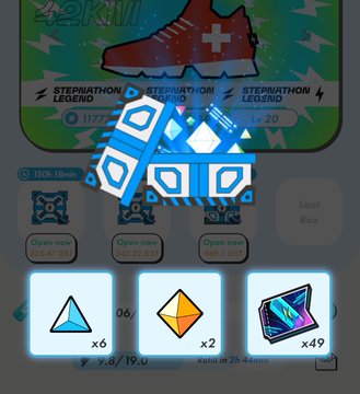 A mobile game screenshot showing a Stepmathon Leggendo NFT card with a blue stylized creature, loot boxes, and collectible gem items.
