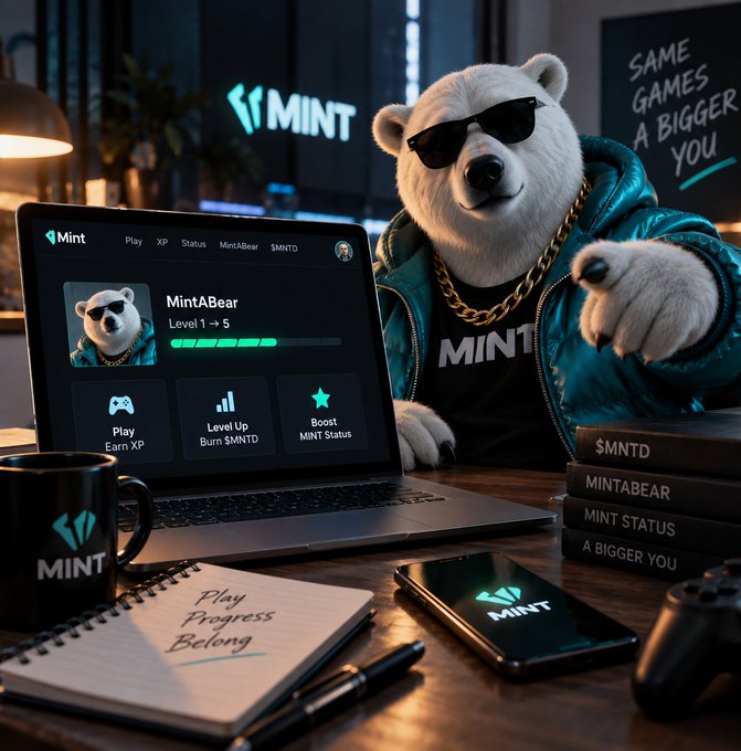 A promotional image for 'MintABear' features a polar bear wearing sunglasses and a teal jacket, sitting at a desk with a laptop displaying a 'Level 1-5' progress bar.