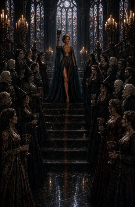 A dramatic gothic scene shows a woman in a dark teal gown raising a glass at the top of a grand staircase, surrounded by robed figures holding goblets in a candlelit hall with stained glass windows.