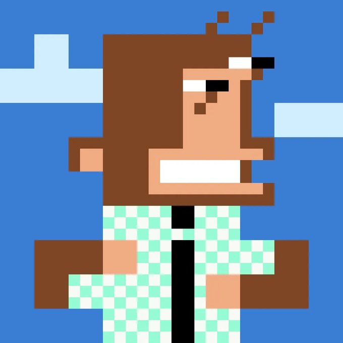 Pixel art depicting a character with brown hair wearing a green and white checkered shirt against a blue sky with clouds.