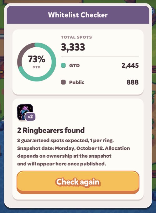 A 'Whitelist Checker' interface showing a total of 3,333 spots (73% GTD), with 2,445 GTD and 888 Public spots, and a note that 2 Ringbearers were found.