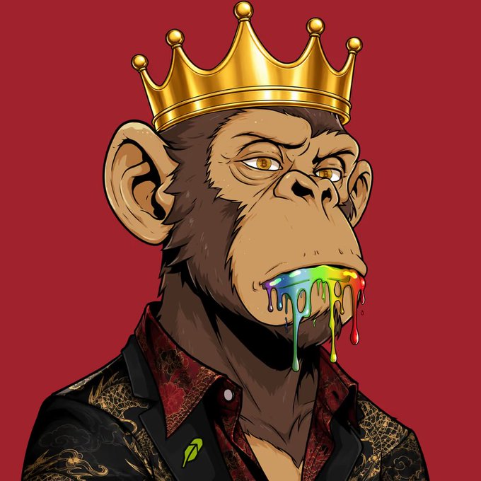 A cartoon illustration of a monkey wearing a golden crown and a patterned black jacket, with rainbow-colored liquid dripping from its mouth, set against a solid red background.