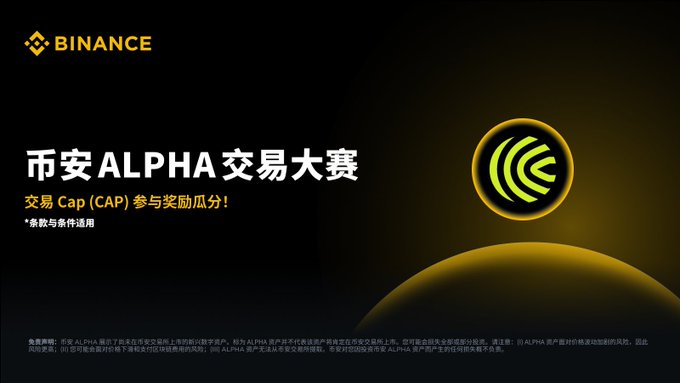 A Binance promotional banner announces the "币安 ALPHA 交易大赛" (Binance ALPHA Trading Competition) for trading CAP, featuring the Binance logo and a glowing green ALPHA emblem. The text reads "交易 Cap (CAP) 参与奖励瓜分!" (Trade CAP to share rewards) and notes terms apply, aligning with the post about the CAP trading competition offering a share of $100,000 in rewards.
