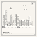 A black and white line drawing of a cityscape with skyscrapers and clouds, with placeholder text at the bottom.