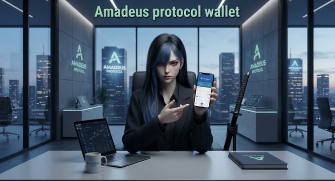 A digital illustration of a woman in a black suit holding a smartphone displaying 'Amadeus', sitting at a desk with a laptop, coffee mug, and katana, in an office with 'AMADEUS PROTOCOL' signage on the walls and 'Amadeus protocol wallet' text at the top.