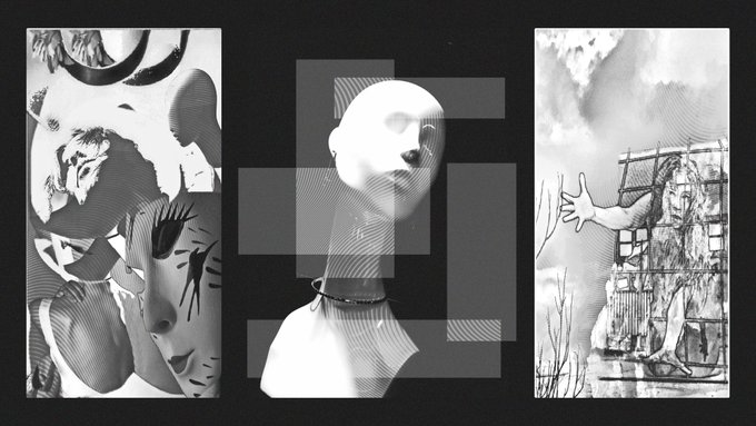 A triptych of black and white surreal artistic images, with the central panel showing a dog-like head on a human body with a geometric overlay.