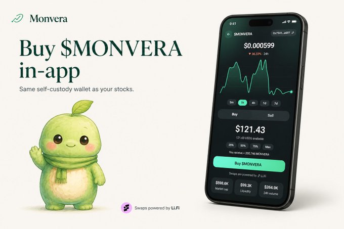 A promotional graphic for Monvera features a cute green fruit mascot next to a smartphone interface showing a $MONVERA purchase screen, with text reading 'Buy $MONVERA in-app' and 'Swaps powered by Li.Fi'.